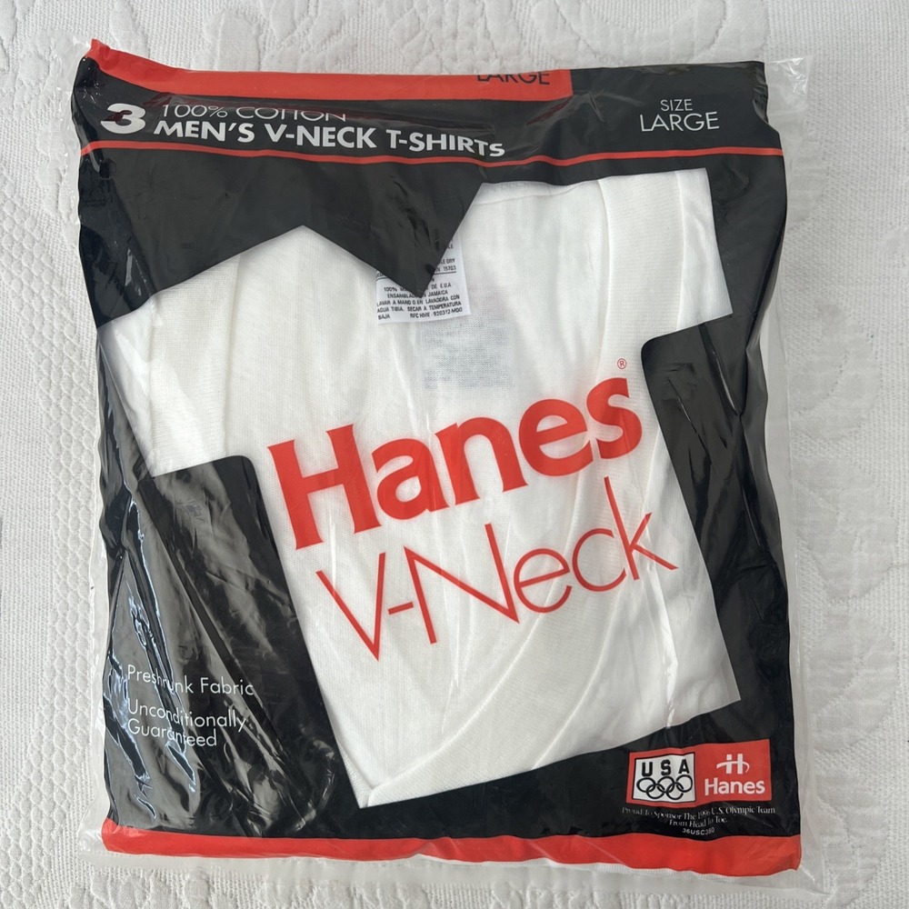 Hanes V-Neck White T-Shirts 3 Pack Men's Size Large USA 1994 NOS Vtg